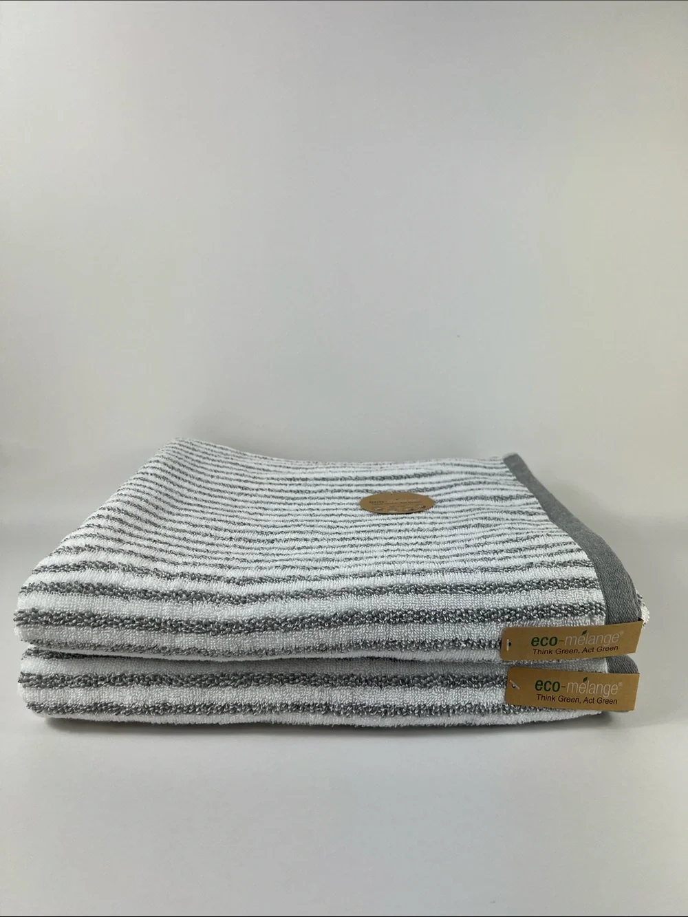 Eco Melange Bath Towels Light Gray & White Striped Soft Cotton Set of 2 NEW